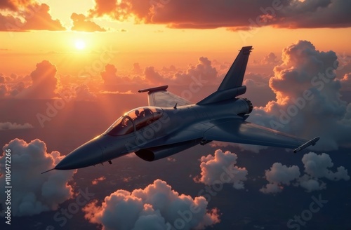 A sleek jet aircraft soars gracefully among fluffy clouds as the sun sets in the background, casting a warm glow over the sky. The vibrant colors create a stunning aerial view. photo