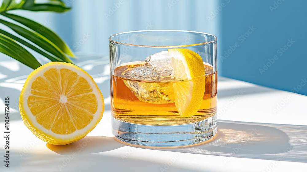 Refreshing sports drink in stylish glass with ice and lemon slice. Perfect for hydration and enjoyment on sunny day Refreshing sports drink in stylish glass with ice and lemon slice. Perfect for hydration and enjoyment on sunny day