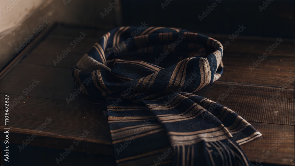 Woolen Striped Scarf on Wooden Table Woolen Striped Scarf on Wooden Table