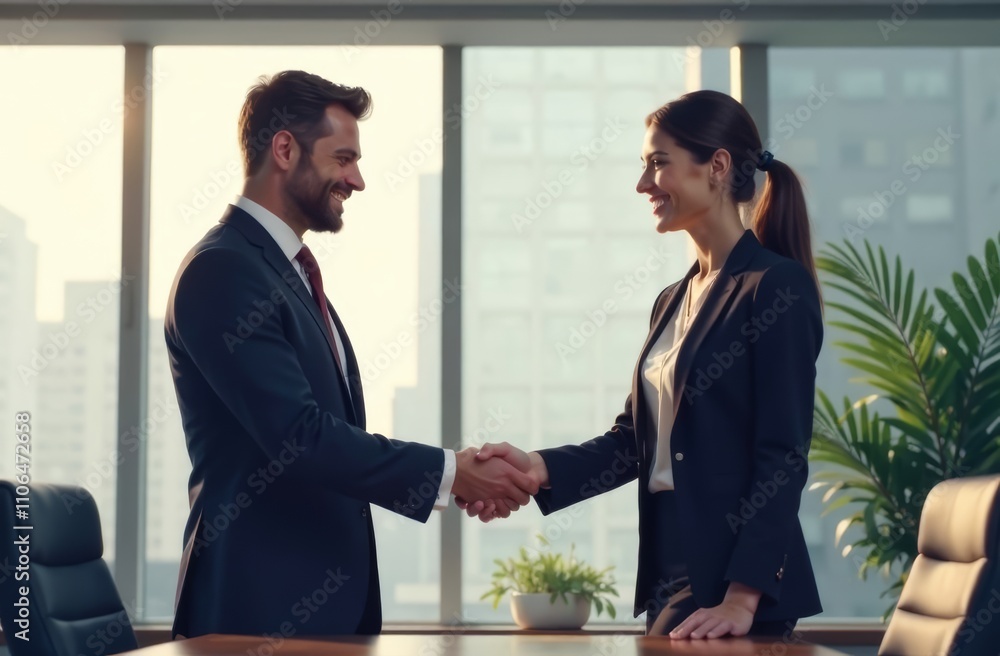 Two business professionals in formal attire shake hands in a sleek office, with large windows showcasing a city skyline in the background. The interaction signifies partnership and collaboration. Two business professionals in formal attire shake hands in a sleek office, with large windows showcasing a city skyline in the background. The interaction signifies partnership and collaboration.