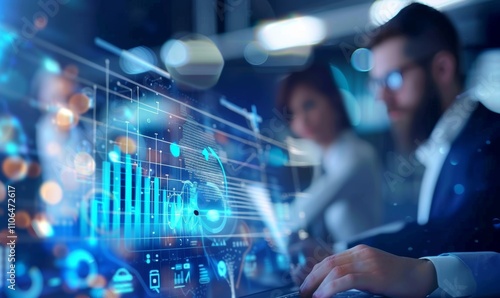A man is typing on a laptop in front of a screen with a blue background