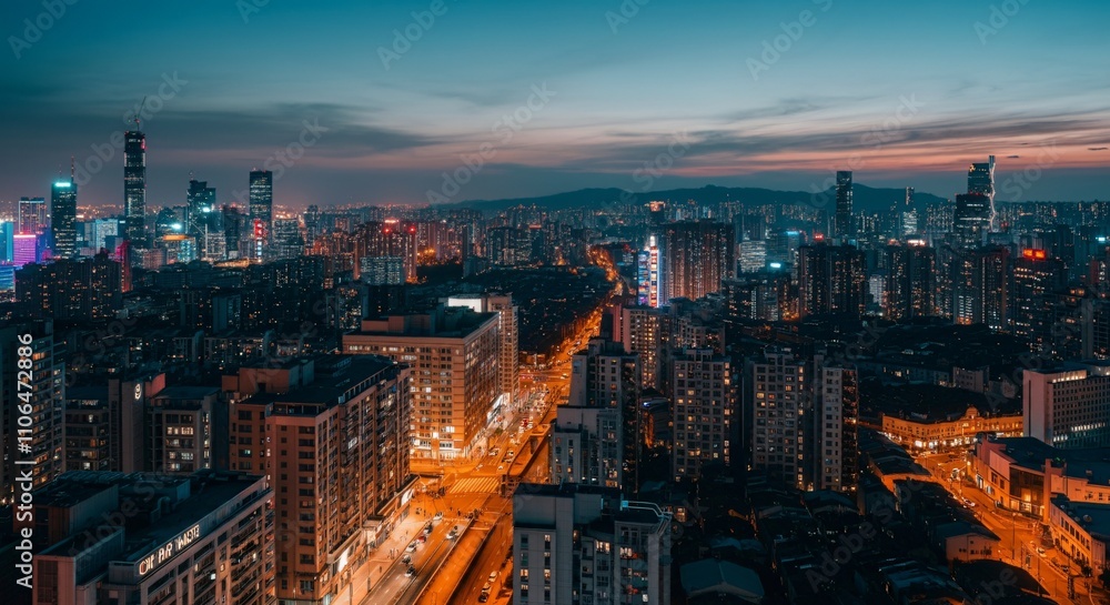 Obraz premium Aerial view of a cityscape with lights glowing at twilight