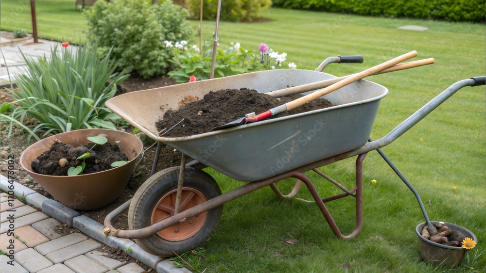 Gardening tools and wheelbarrow with soil Gardening tools and wheelbarrow with soil