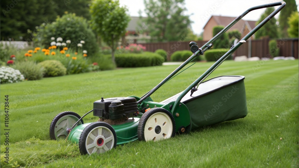 Fototapeta premium Green Lawn Mower on Grass