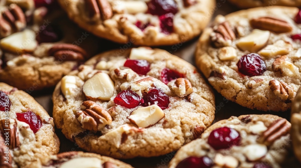 Freshly Baked Cookies with Nuts and Cranberries on Wooden Surface Freshly Baked Cookies with Nuts and Cranberries on Wooden Surface