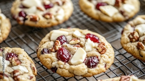 Freshly Baked Cookies with Cranberries and Nuts on Cooling Rack