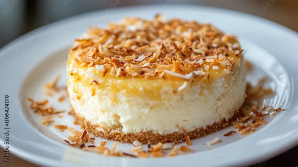 Delicious Creamy Cheesecake with Toasted Coconut Topping on Plate Delicious Creamy Cheesecake with Toasted Coconut Topping on Plate