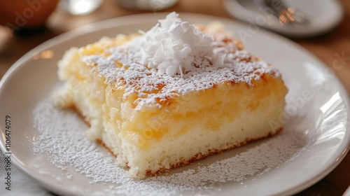 Moist Coconut Cake with Powdered Sugar and Whipped Topping