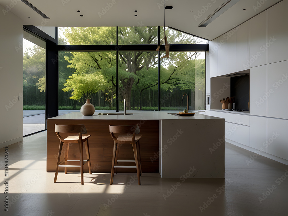 Fototapeta premium Modern Minimalist Kitchen with Island, Stools, and Large Window