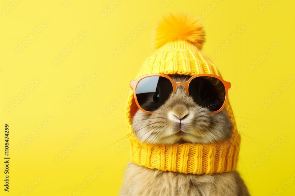 A Stylish Bunny Wearing Trendy Sunglasses and a Cozy Winter Hat on a Bright Yellow Background. Christmas and New Year background