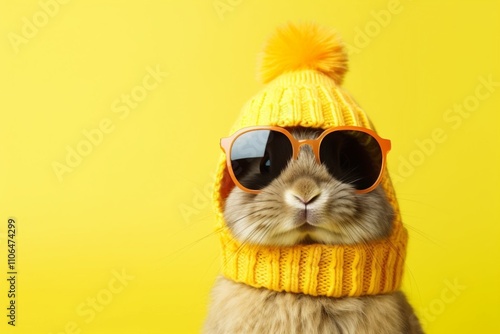 Obraz na płótnie A Stylish Bunny Wearing Trendy Sunglasses and a Cozy Winter Hat on a Bright Yellow Background. Christmas and New Year background w salonie
