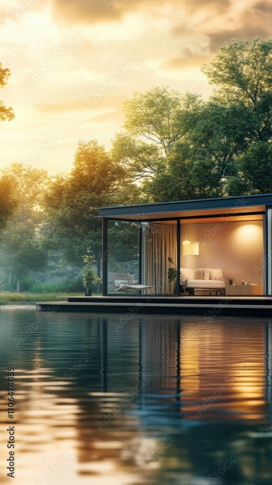 Modern lakeside house with glass walls reflecting a serene sunset, AI Modern lakeside house with glass walls reflecting a serene sunset, AI