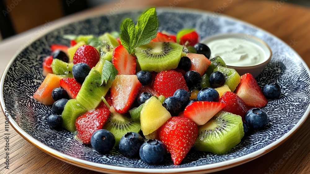 Colorful Fresh Fruit Salad with Mint and Creamy Dip Colorful Fresh Fruit Salad with Mint and Creamy Dip