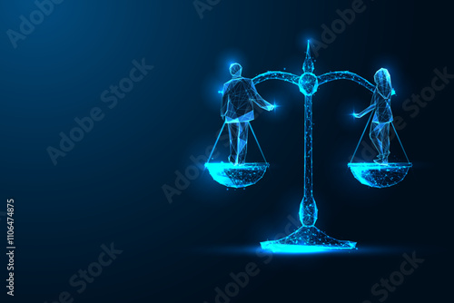 Gender equality concept with glowing digital scale balancing man and woman on dark blue background. 