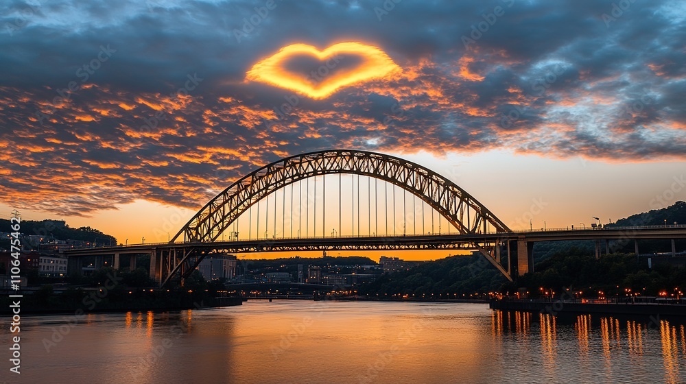 A beautiful bridge illuminated by the warm golden hour light, arching gracefully over a river, with a soft heart-shaped cloud floating in the sky, creating a romantic and serene atmosphere A beautiful bridge illuminated by the warm golden hour light, arching gracefully over a river, with a soft heart-shaped cloud floating in the sky, creating a romantic and serene atmosphere