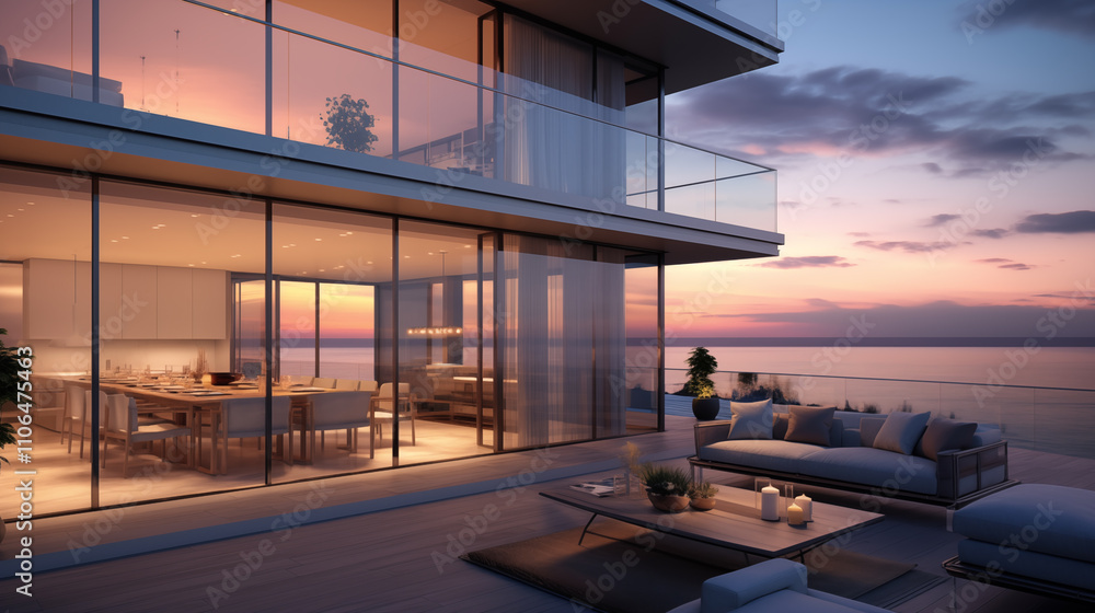 Fototapeta premium modern luxury apartment exterior with large glass windows reflecting a serene sunset in a tranquil urban setting