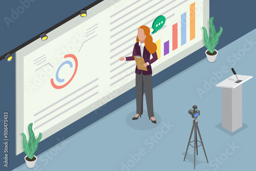3D Isometric Flat Vector Illustration of Public Speaking, Business Seminar or Conference