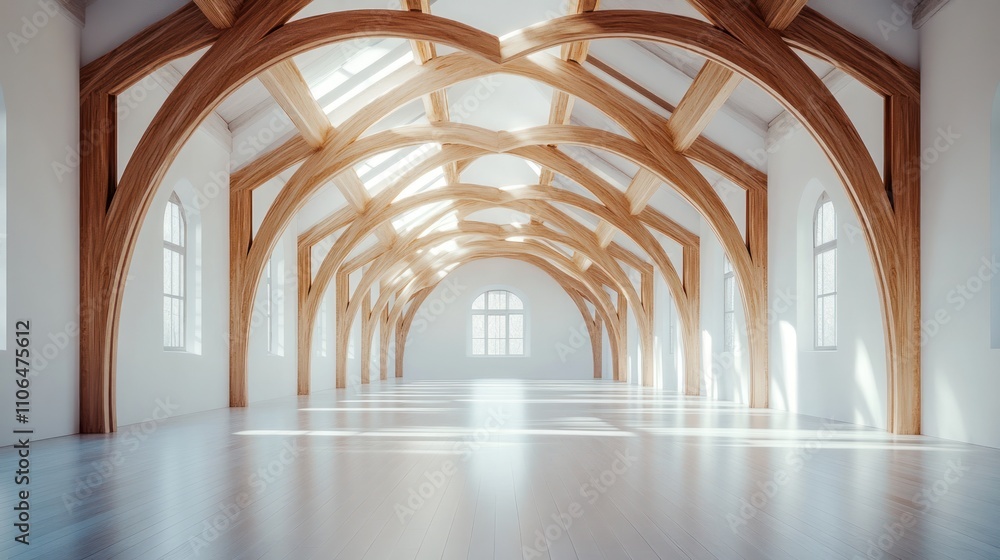 Fototapeta premium A large, empty room with white walls and a wooden vaulted ceiling. Sunlight streams through the windows, illuminating the wooden floor.