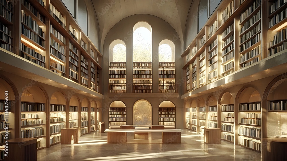 A large library with many bookshelves and a window A large library with many bookshelves and a window