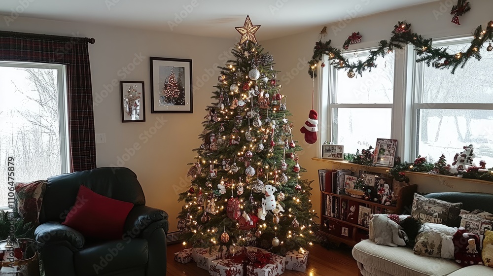 Cozy Christmas Living Room with Festive Tree and Decorations Cozy Christmas Living Room with Festive Tree and Decorations