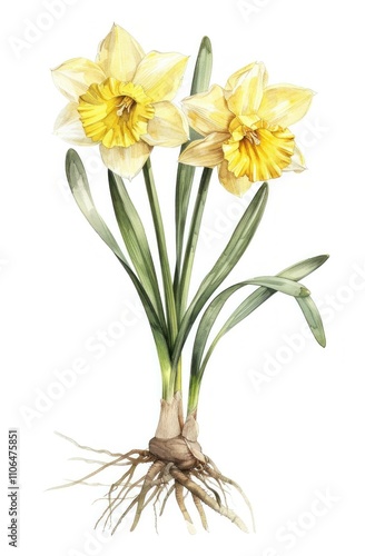 Wallpaper Mural Beautiful daffodil flowers with vibrant yellow petals and green leaves, showcasing their roots in a delicate watercolor style. Nature and spring concept. Torontodigital.ca