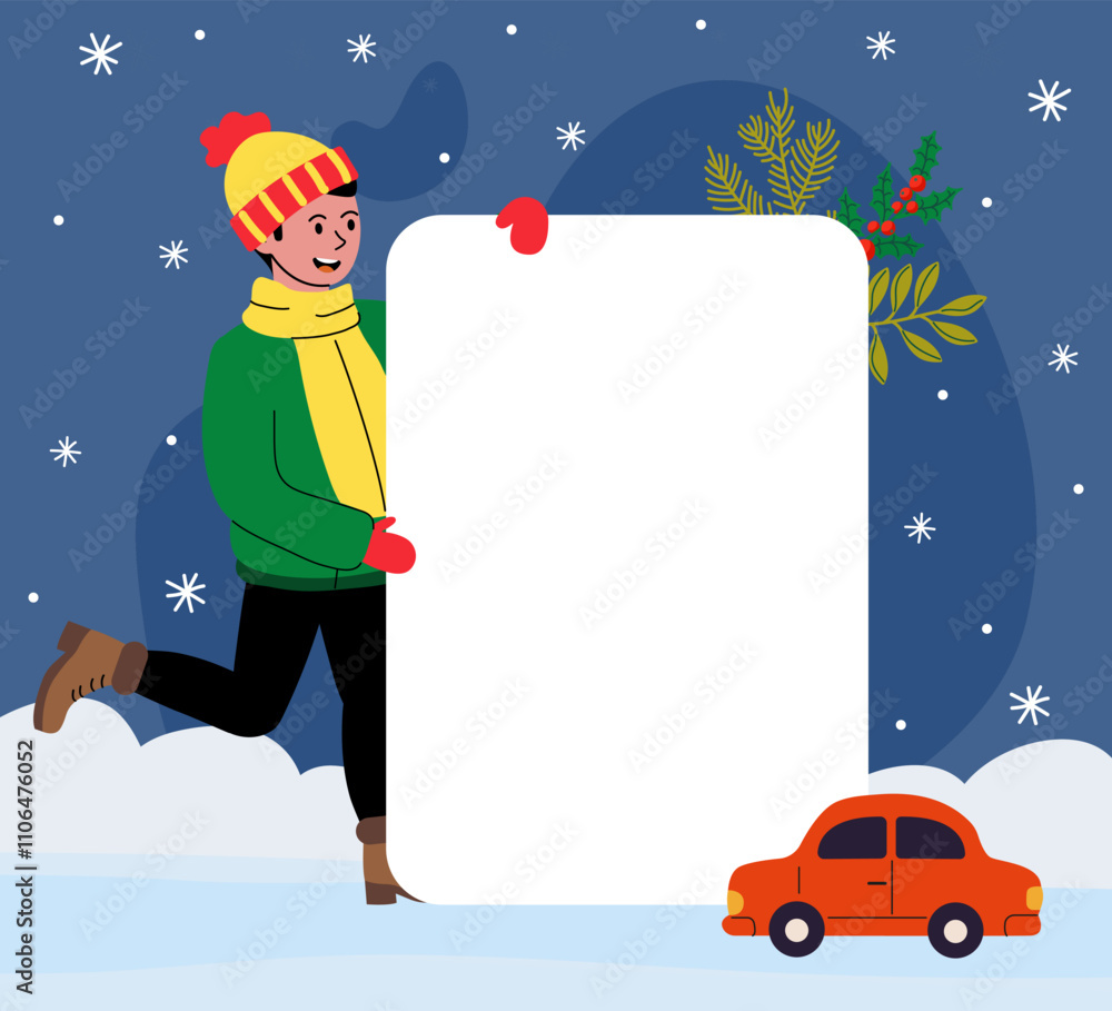 Naklejka premium Cheerful person holding a blank sign in a snowy winter landscape with a car