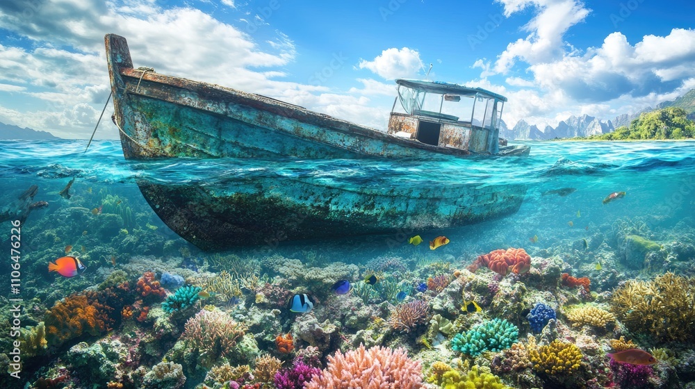 Old Abandoned Boat Over Vibrant Coral Reef Under Clear Blue Water Old Abandoned Boat Over Vibrant Coral Reef Under Clear Blue Water