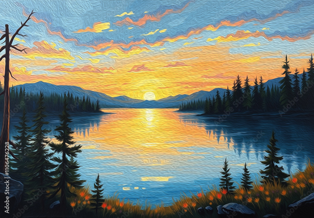 Obraz premium Landscape by the lake. Sunset . Pattern for printing on wall decorations, fabrics, and for use in graphics.
