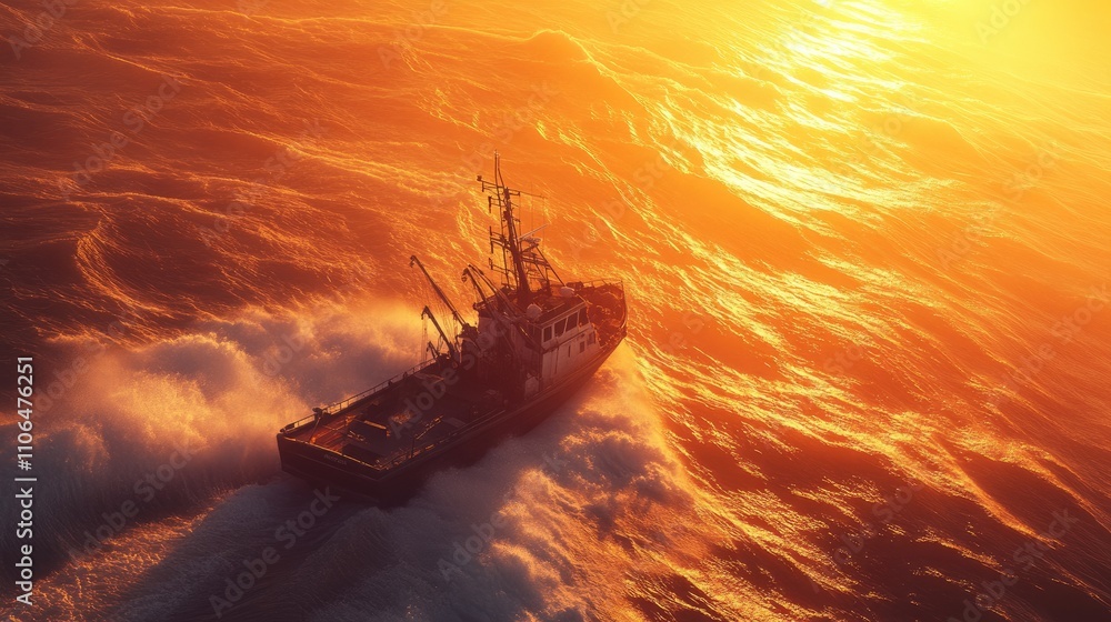 Fototapeta premium Dramatic Sunrise Over a Tugboat Navigating Rough Ocean Waves