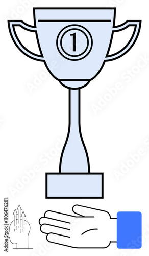 Trophy cup labeled 1 with handle, extended hand, three upward arrows in head symbol. Ideal for success, victory, motivation, achievement, awards recognition celebration. Line metaphor