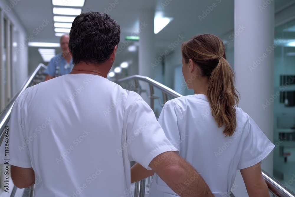 Obraz premium A pair of healthcare professionals move together through a well-lit hospital corridor, exemplifying teamwork and dedication in patient care and medical services.