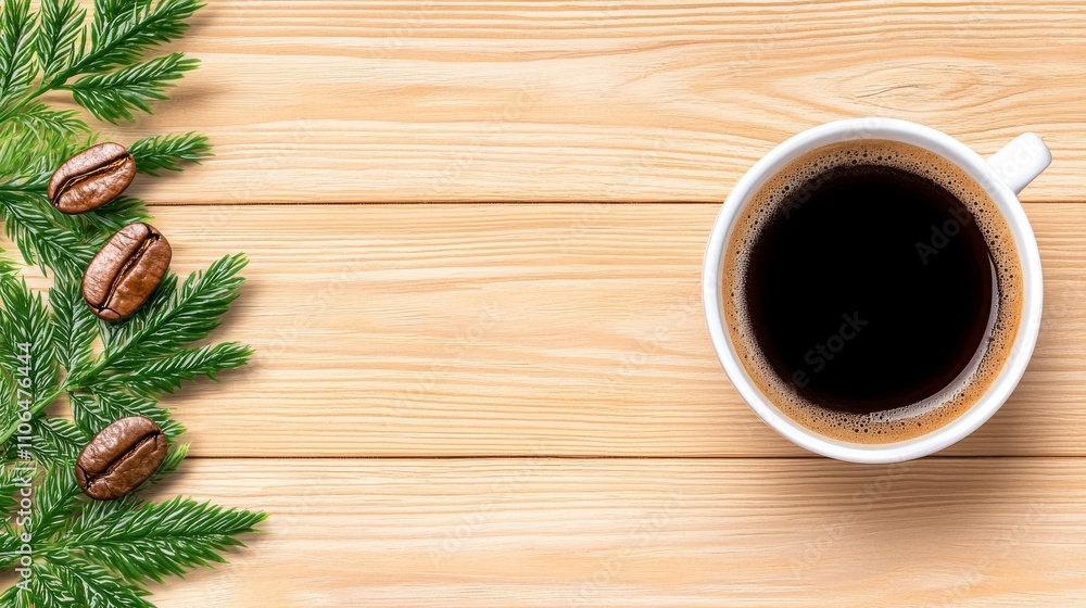 Fresh Coffee in a White Cup Surrounded by Green Pine Branches and Coffee Beans on a Light Wooden Table Background, Perfect for Nature and Beverage Themes Fresh Coffee in a White Cup Surrounded by Green Pine Branches and Coffee Beans on a Light Wooden Table Background, Perfect for Nature and Beverage Themes