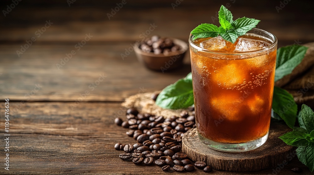 A refreshing iced coffee drink garnished with mint, surrounded by coffee beans and leaves. A refreshing iced coffee drink garnished with mint, surrounded by coffee beans and leaves.