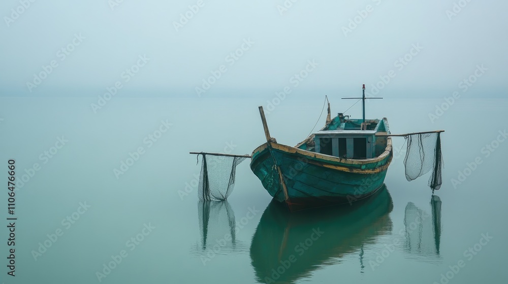 Tranquil Fishing Boat Anchored on Misty Water at Dawn Tranquil Fishing Boat Anchored on Misty Water at Dawn