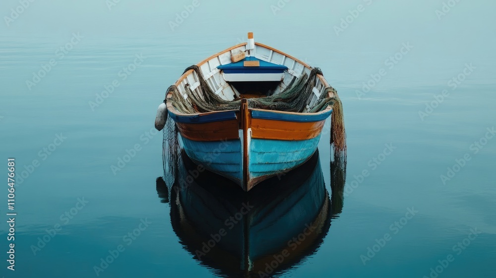 Calm Waters with Colorful Boat Floating in Tranquil Environment Calm Waters with Colorful Boat Floating in Tranquil Environment