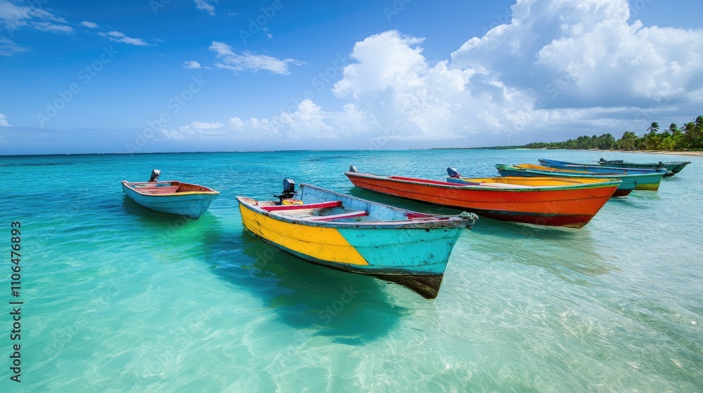Colorful Fishing Boats on a Calm Tropical Ocean Under Blue Sky Colorful Fishing Boats on a Calm Tropical Ocean Under Blue Sky