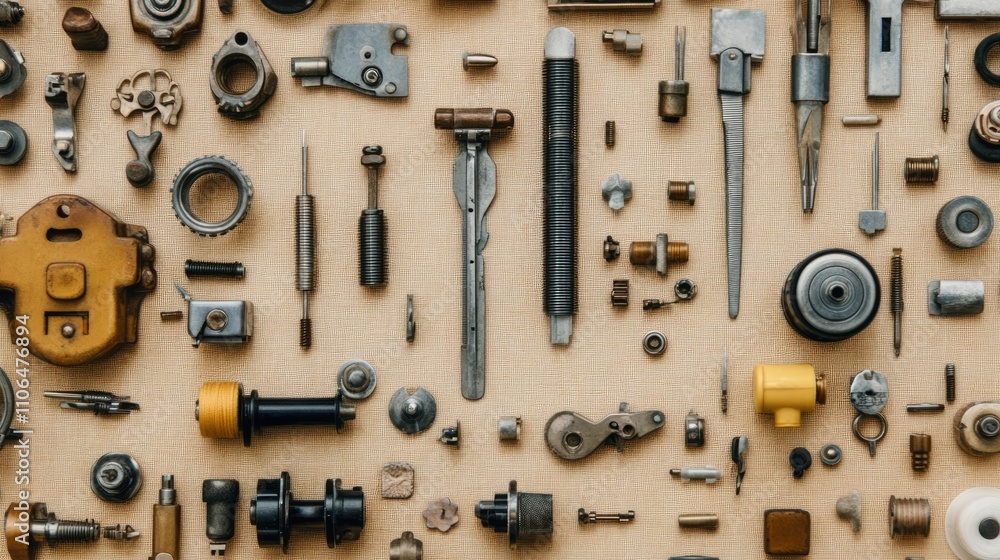 Fototapeta premium Collection of Vintage Tools and Mechanical Parts on Fabric Background