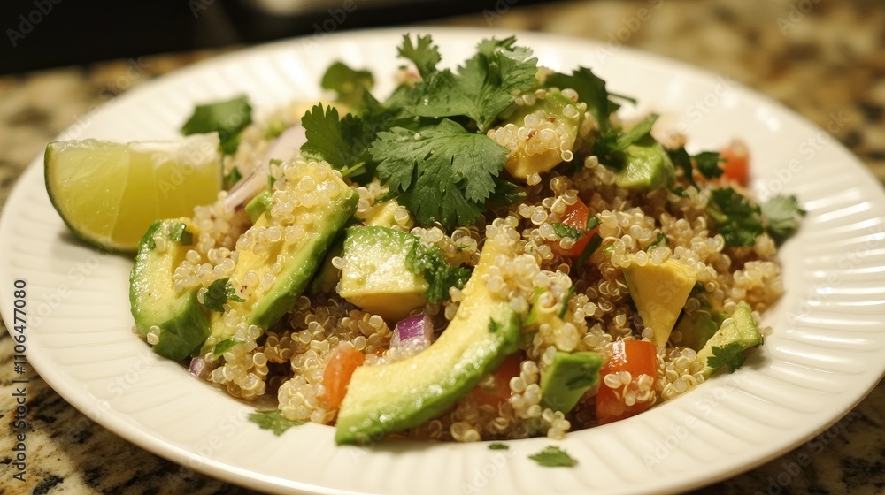 Fresh Quinoa Salad with Avocado, Tomato, and Cilantro Garnish Fresh Quinoa Salad with Avocado, Tomato, and Cilantro Garnish