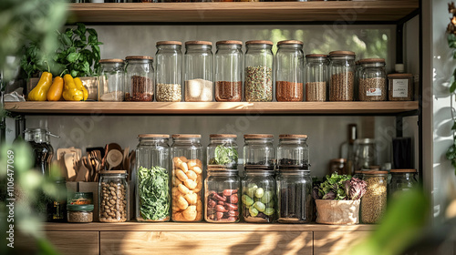 Pantry organization in modern home, food storage with glass jars, vegetable and grocery display, interior design for healthy kitchen, room showcasing organic ingredients.