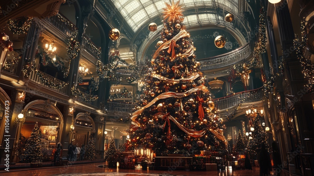 Grand Christmas Tree Display in Elegant Historic Indoor Space Grand Christmas Tree Display in Elegant Historic Indoor Space