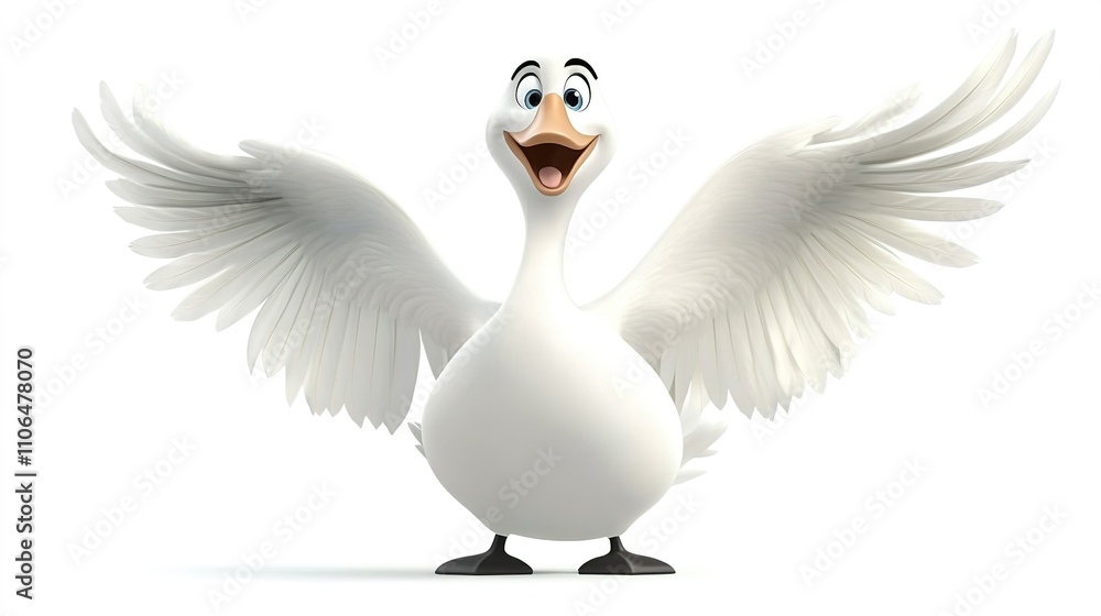 Fototapeta premium A full-body cartoon illustration of a graceful swan with a white background, showcasing its elegant posture and smooth feathers in a playful and charming style, perfect for animal lovers and whimsical