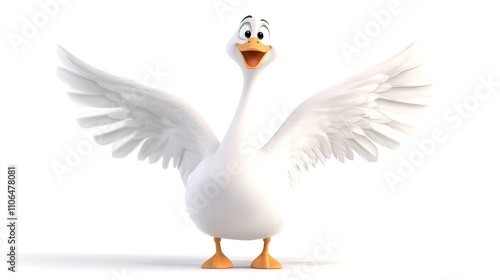 A full-body cartoon illustration of a graceful swan with a white background, showcasing its elegant posture and smooth feathers in a playful and charming style, perfect for animal lovers and whimsical