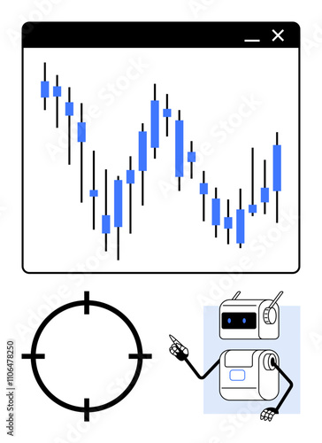 Candlestick chart in a window target focus icon, robot pointing. Ideal for trading, data analysis, precision, automation, market trends, finance, strategy. Line metaphor