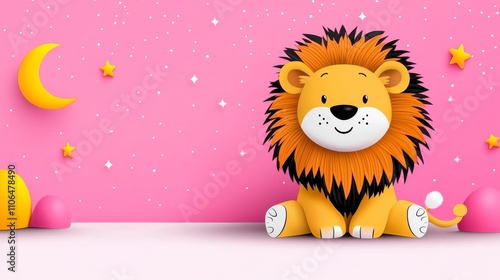 Cute cartoon lion sitting against a vibrant pink background with moon and stars, perfect for children's decor and playful illustrations in various projects. photo