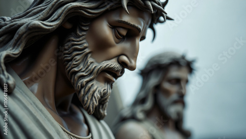 Sorrowful Jesus Christ Sculpture: Close-up of Contemplative Face with Crown of Thorns - Perfect for Religious Art or Easter Promotions