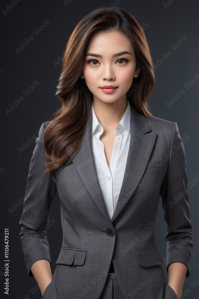 young beautiful asian model, pretty woman with beautiful hair, looking at camera, business suit, bright clothes, slim waistline, grey background, studio shoot, studio lighting young beautiful asian model, pretty woman with beautiful hair, looking at camera, business suit, bright clothes, slim waistline, grey background, studio shoot, studio lighting