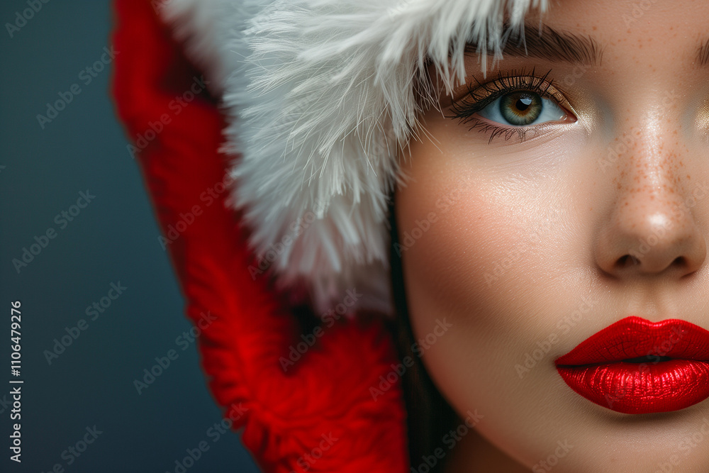 Close up on beautiful woman with Santa hat and blue eyes. Copy space. Christmas advertisement. High quality photo Close up on beautiful woman with Santa hat and blue eyes. Copy space. Christmas advertisement. High quality photo