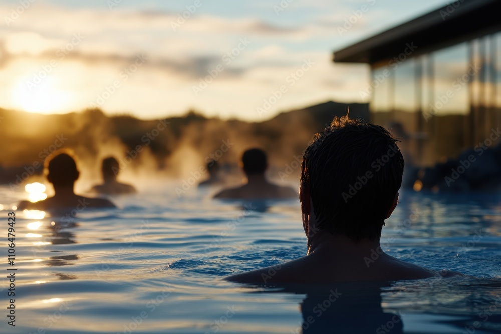 Visitors enjoying a soothing soak in an outdoor hot spring at sunset, creating a tranquil atmosphere filled with mist and natural beauty, perfect for relaxation and recuperation. Visitors enjoying a soothing soak in an outdoor hot spring at sunset, creating a tranquil atmosphere filled with mist and natural beauty, perfect for relaxation and recuperation.