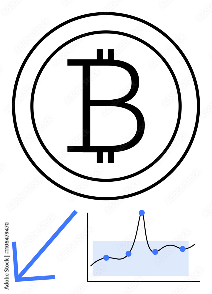 Bitcoin logo blue downward arrow line graph with data points, highlighting cryptocurrency, finance, trends, analysis, volatility, digital economy. Ideal for market fluctuation, trend analysis Bitcoin logo blue downward arrow line graph with data points, highlighting cryptocurrency, finance, trends, analysis, volatility, digital economy. Ideal for market fluctuation, trend analysis