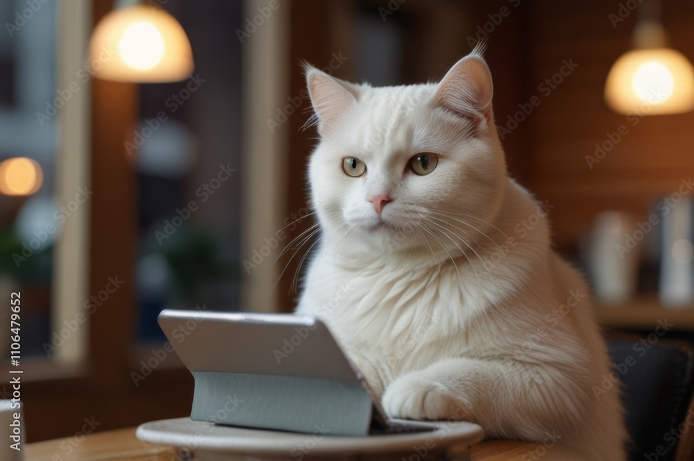 anthropomorphic white cat works with notebook in cozy coffee shop as freelancer anthropomorphic white cat works with notebook in cozy coffee shop as freelancer